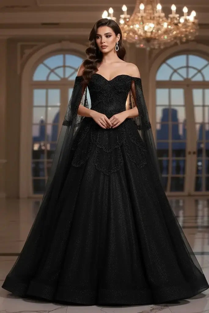 A-line Elegant Off Shoulder Formal Evening Gowns with Cape Sleeves Dresses KAIDRESS