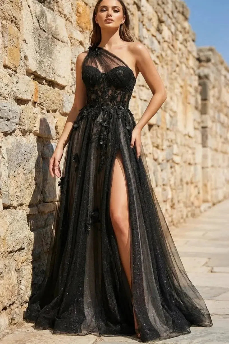 Kaidress A-line one-shoulder sleeveless prom dress with floor-length tulle, appliqued details, and a stylish split design.