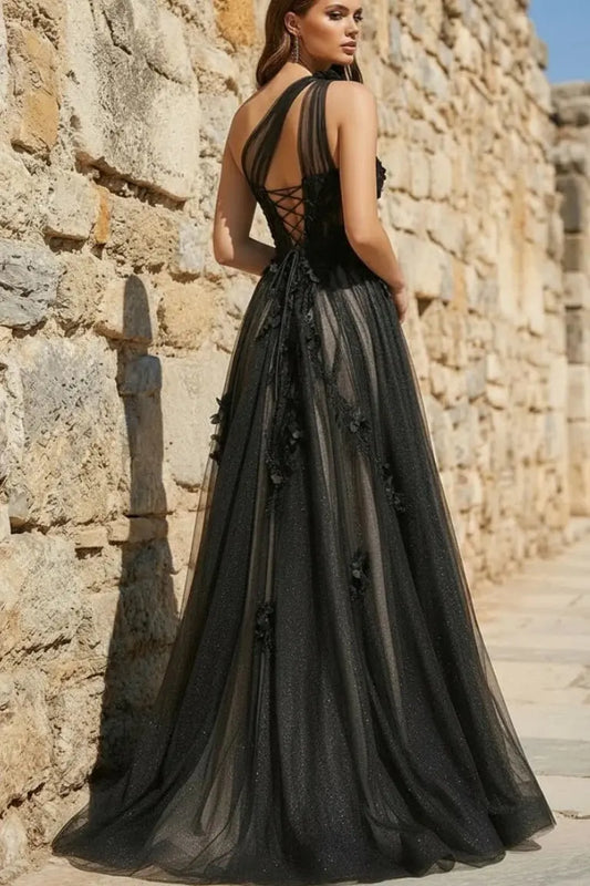 Kaidress A-line one-shoulder sleeveless prom dress with tulle fabric, floor-length design, appliqued details, and a side split.