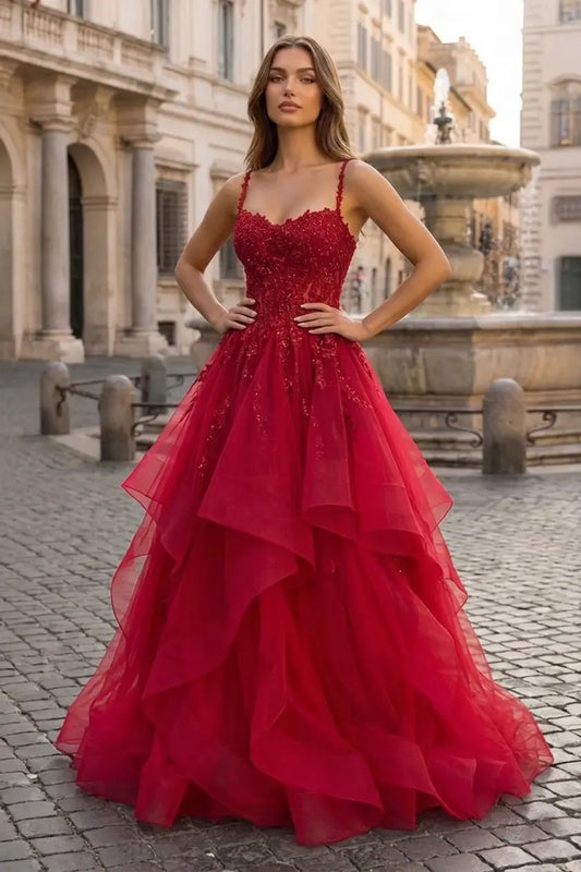 A-line Princess V Neck Floor-Length Tulle Prom Dresses with Appliqued - KAIDRESS
