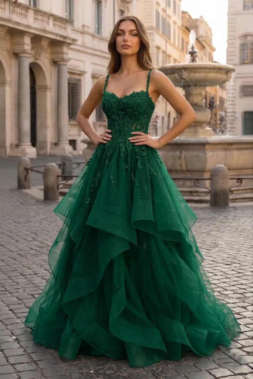 A-line Princess V Neck Floor-Length Tulle Prom Dresses with Appliqued - KAIDRESS