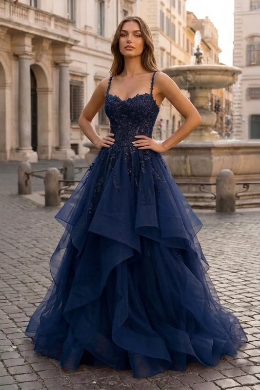 A-line Princess V Neck Floor-Length Tulle Prom Dresses with Appliqued - KAIDRESS