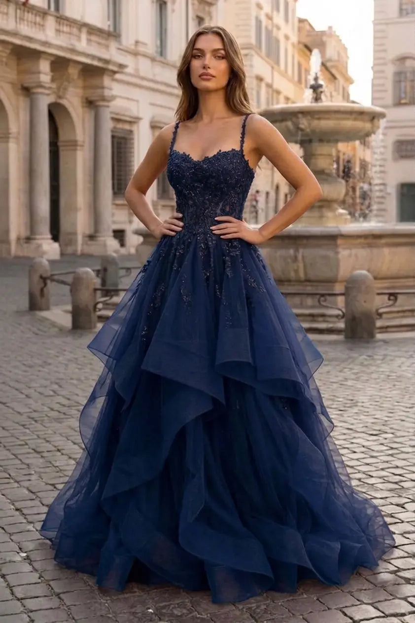 A-line Princess V Neck Floor-Length Tulle Prom Dresses with Appliqued - KAIDRESS