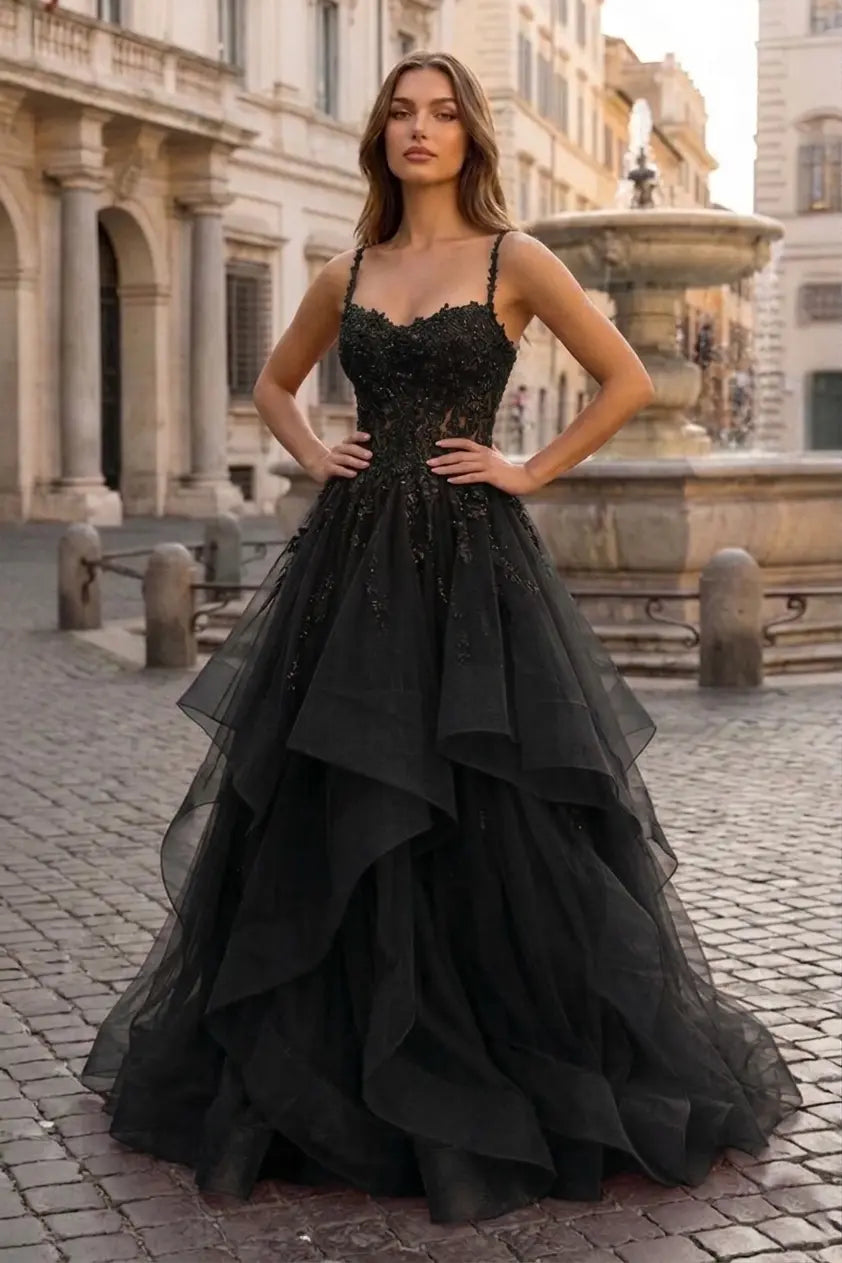 A-line Princess V Neck Floor-Length Tulle Prom Dresses with Appliqued - KAIDRESS
