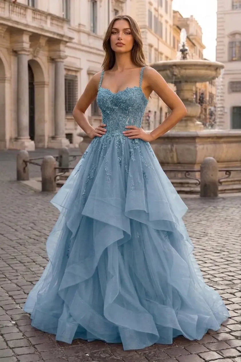 A-line Princess V Neck Floor-Length Tulle Prom Dresses with Appliqued - KAIDRESS