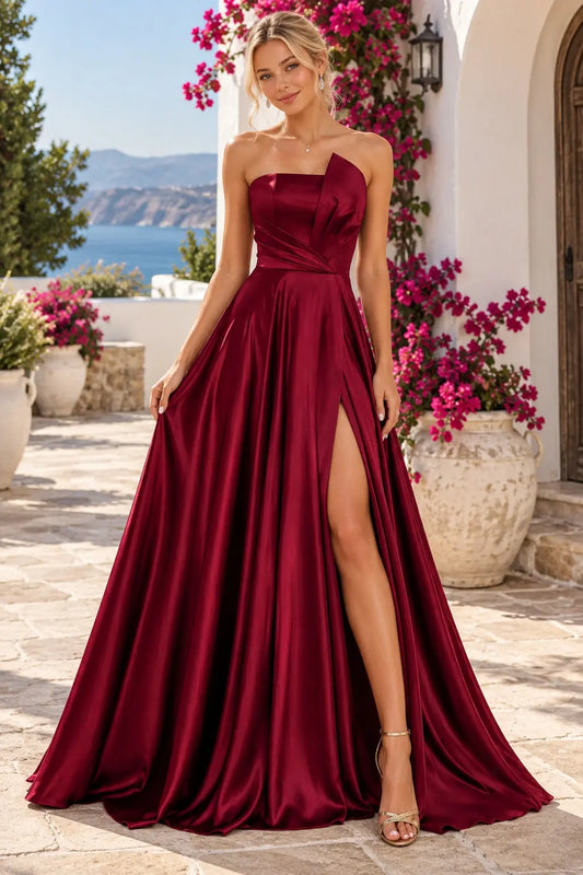 A-line Satin Formal Long Simple Sleeveless Prom Dresses with Slit
