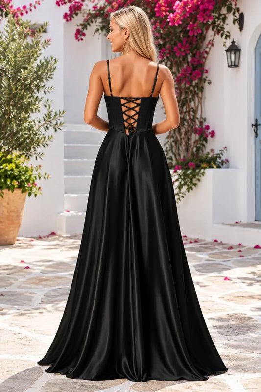 A-line Satin Halter Formal Long Simple Sleeveless Prom Dresses with slit