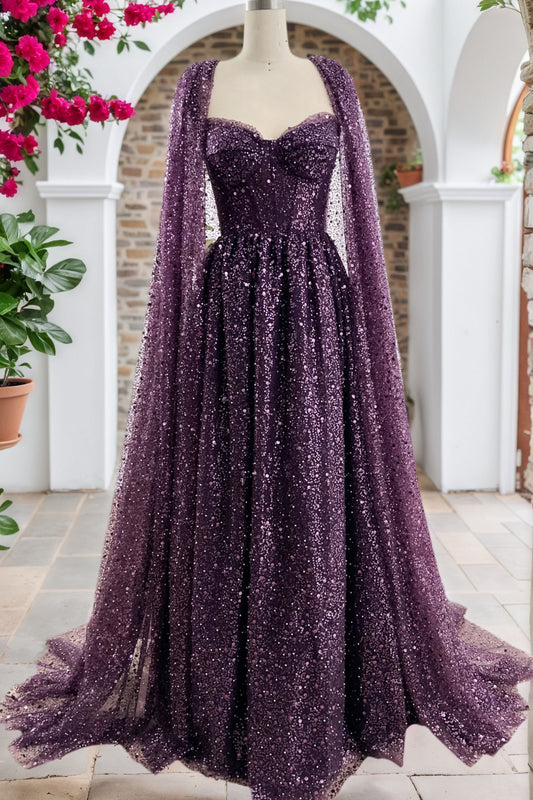 A-line Sequin Lace Purple Long Prom Dresses Sparkly Formal Evening Gowns