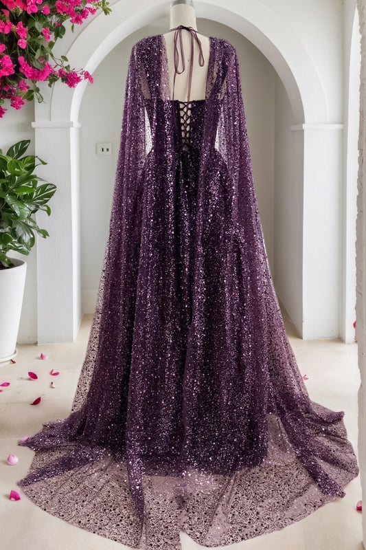 A-line Sequin Lace Purple Long Prom Dresses Sparkly Formal Evening Gowns