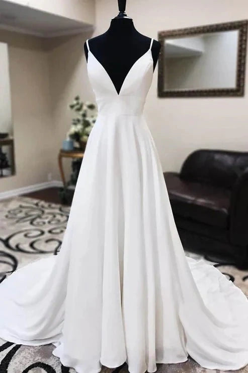 A-line Spaghetti Straps Satin Lace Appliques Simple Wedding Dresses