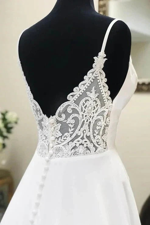 A-line Spaghetti Straps Satin Lace Appliques Simple Wedding Dresses