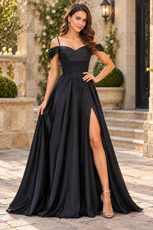 A-line Spaghetti Straps Short Sleeve Sweep Train Satin Prom Dress with Appliqued Beading Pleated Pockets