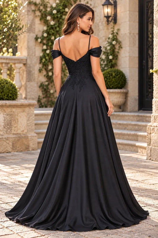 A-line Spaghetti Straps Short Sleeve Sweep Train Satin Prom Dress with Appliqued Beading Pleated Pockets