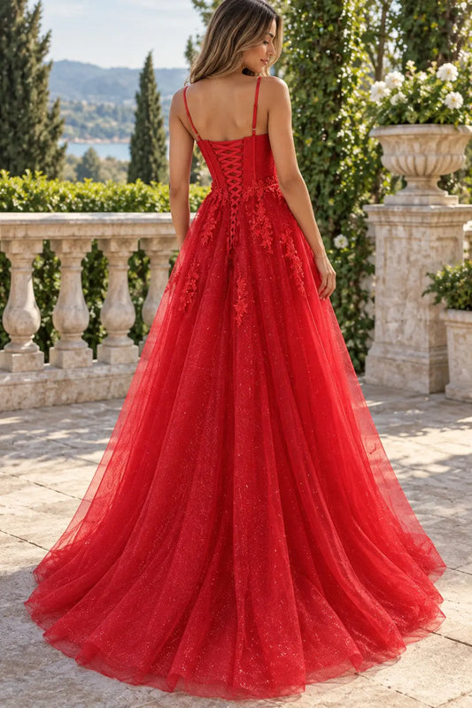 A-line Sweetheart Spaghetti Straps Sweep Train Tulle Glitter Prom Dress With Appliqued