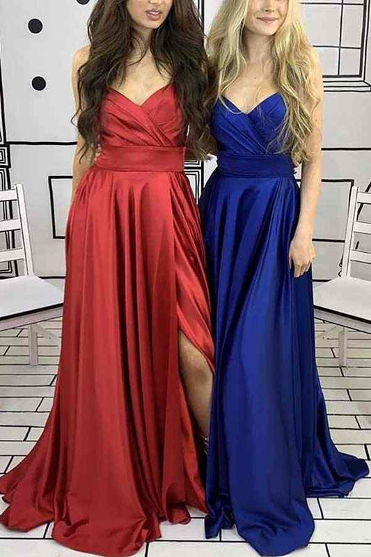 A-line V Neck Sleeveless Charmeuse Court Train Prom Dresses With Pleated Split