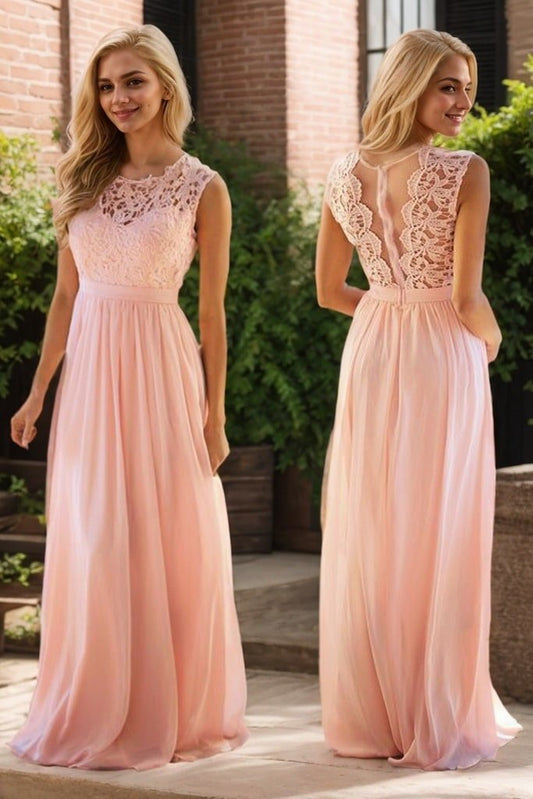Princess Crew Neck Lace Long Coral Prom Dresses Formal Evening Gowns