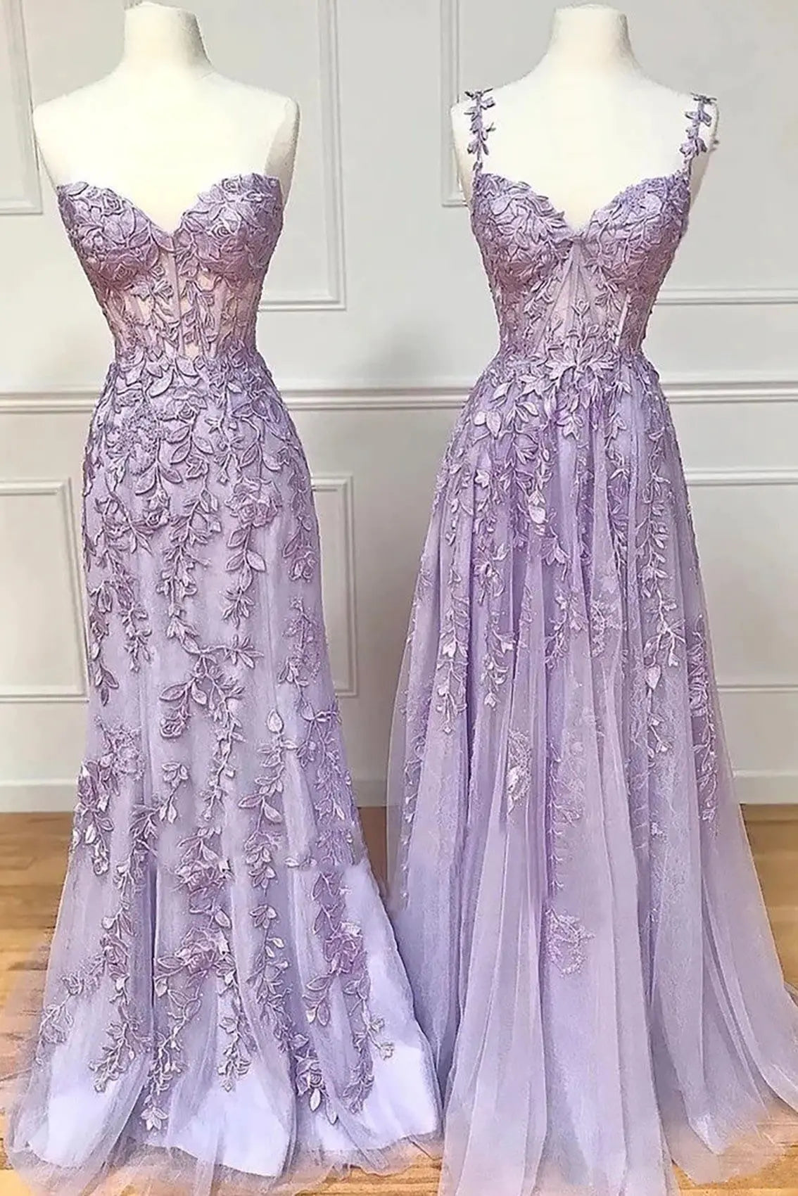 A-line Sweetheart Spaghetti Straps Sweep Train Lace Prom Dress With Beading - KAIDRESS