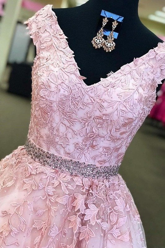 A Line Tulle V Neck Pink Lace Long Prom Dresses Formal Evening Gowns