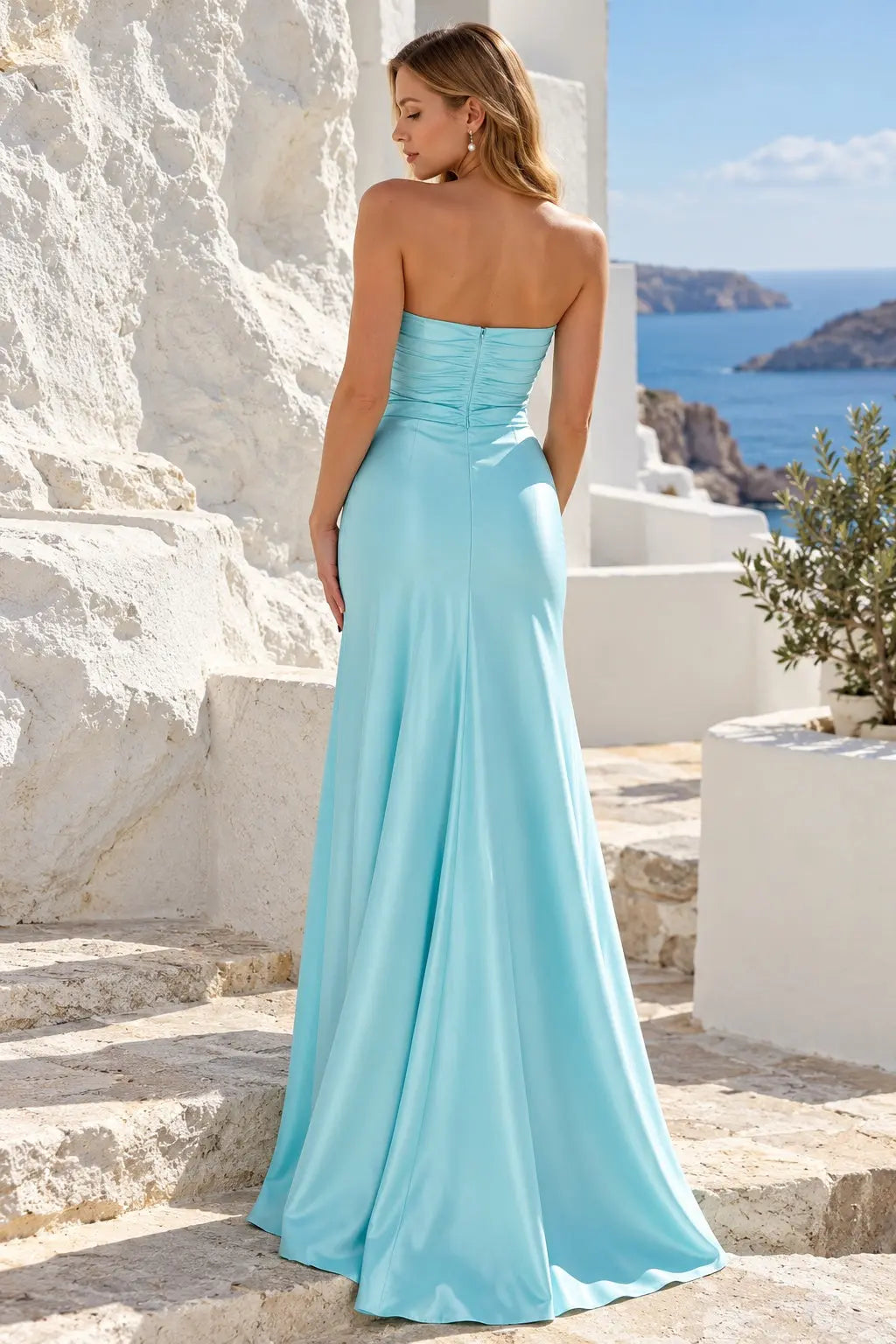 Aqua Silk Strapless Prom Dress with Twist-Front Cutout & Ruching