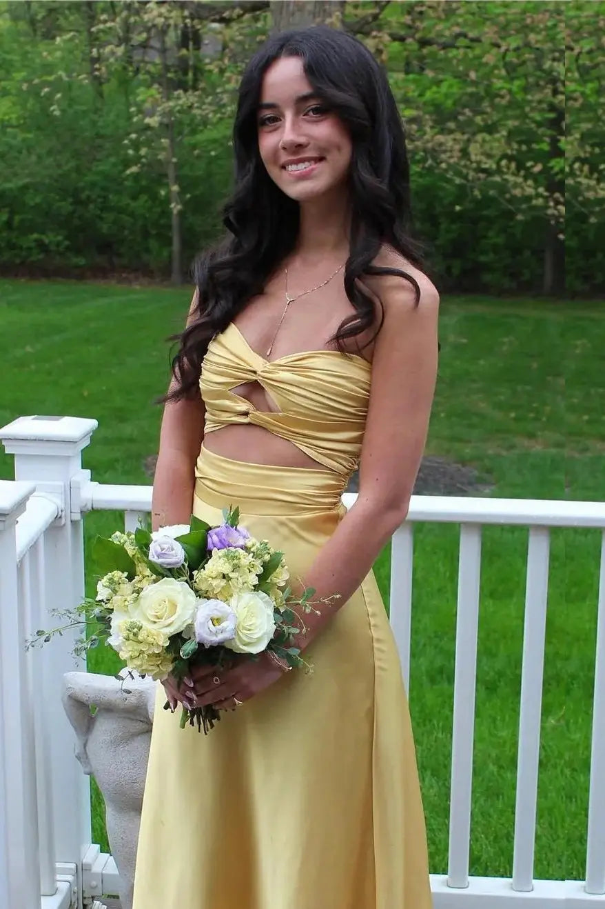 Aqua Silk Strapless Prom Dress with Twist-Front Cutout & Ruching