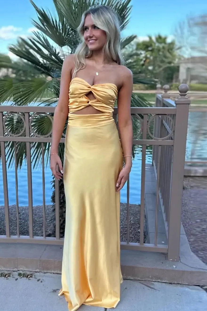 Aqua Silk Strapless Prom Dress with Twist-Front Cutout & Ruching