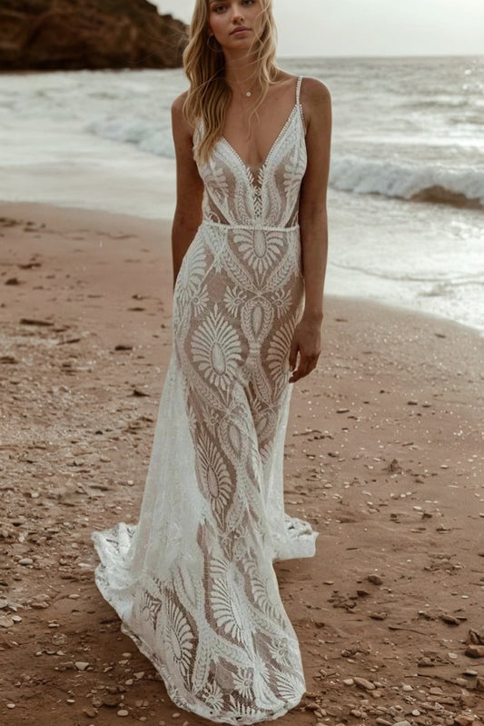 Beach Floral Mermaid Plunging Boho Lace Wedding Dresses with Sweep Train