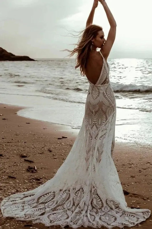 Beach Floral Mermaid Plunging Boho Lace Wedding Dresses with Sweep Train
