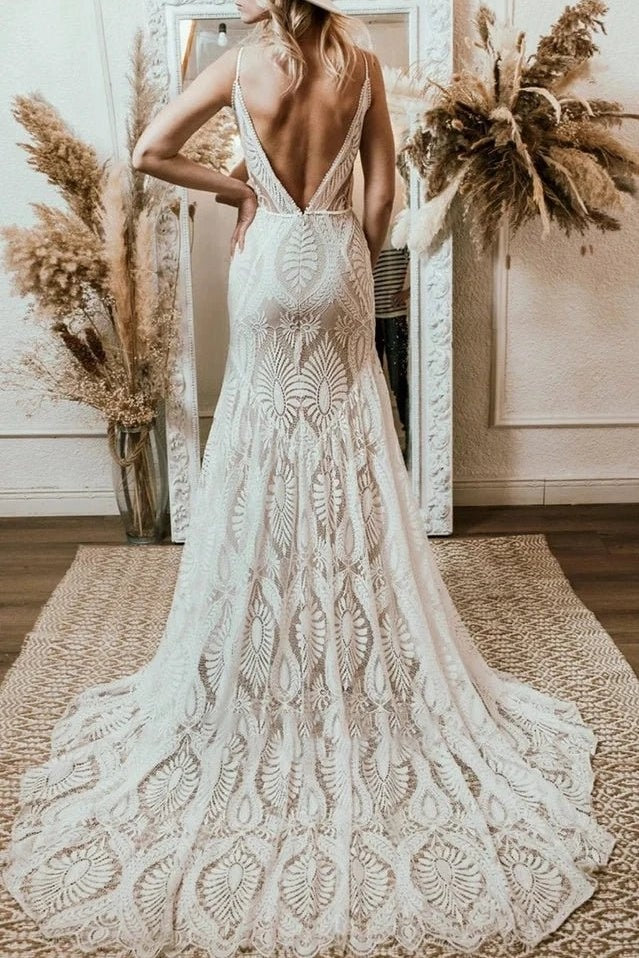Beach Floral Mermaid Plunging Boho Lace Wedding Dresses with Sweep Train