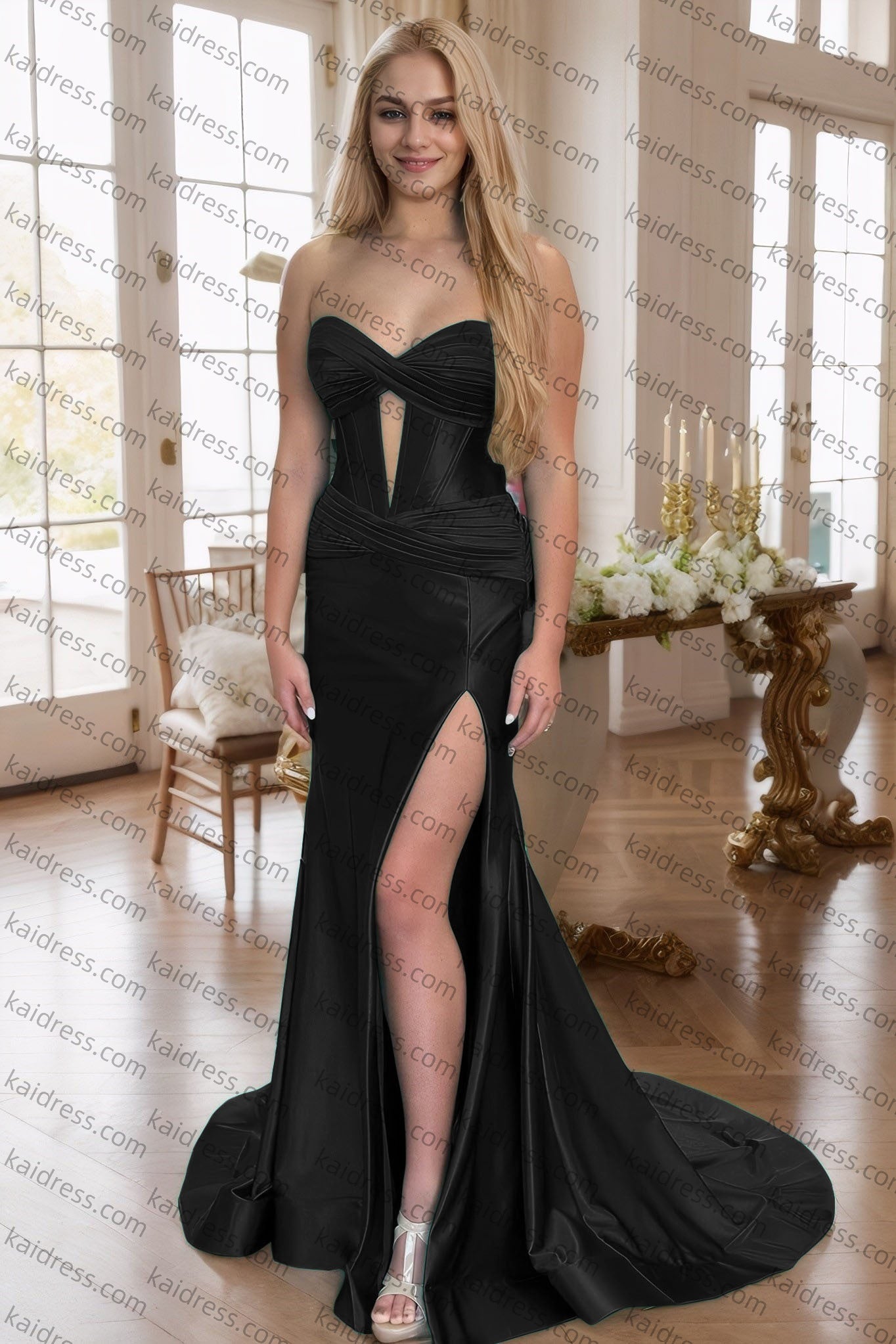 Green Silk Strapless Mermaid Prom Dresses Long Formal Evening Gown with Slit