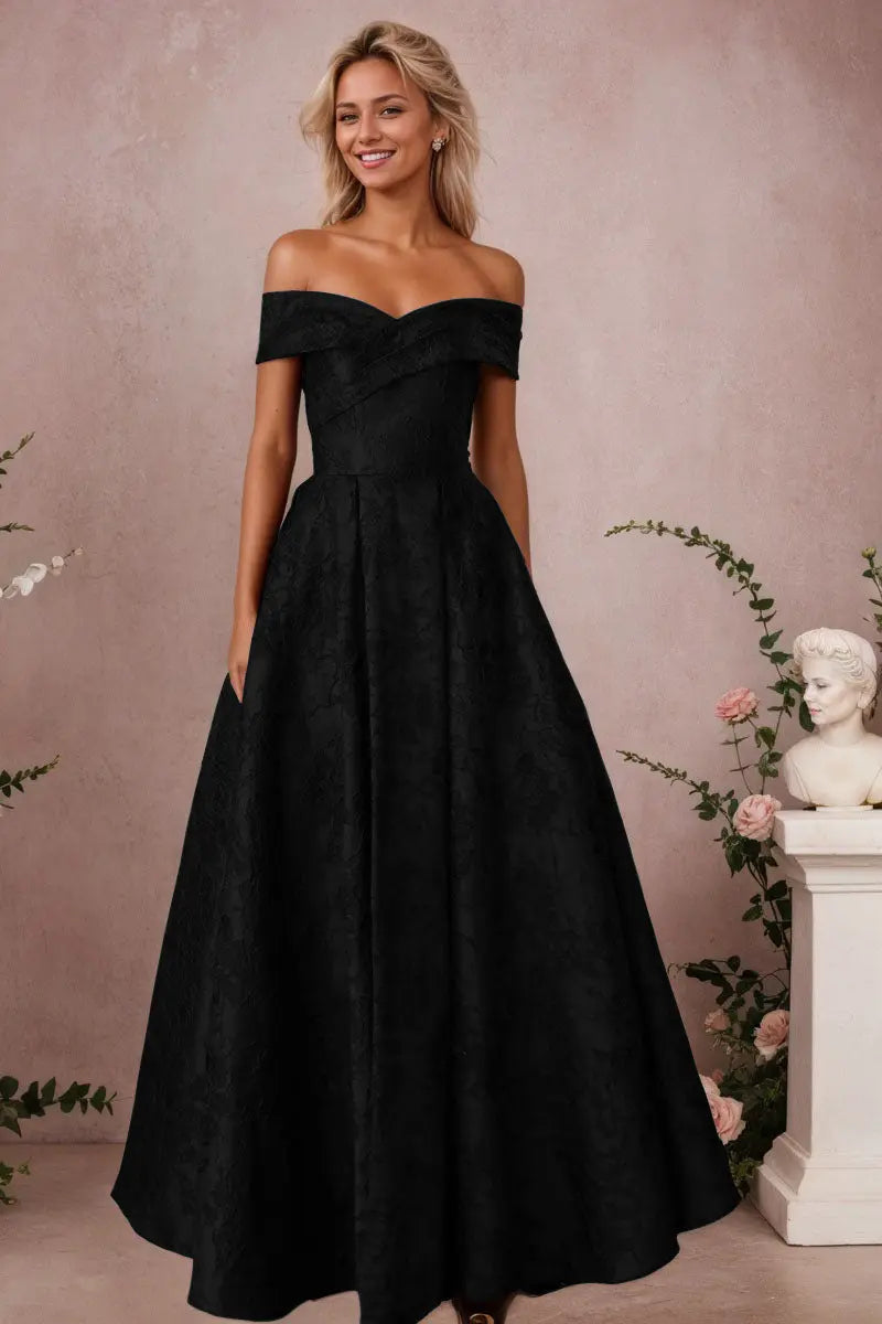 A-Line Off Shoulder Satin Burgundy Long Prom Dress Floral Jacquard Formal Ball Gowns - KAIDRESS