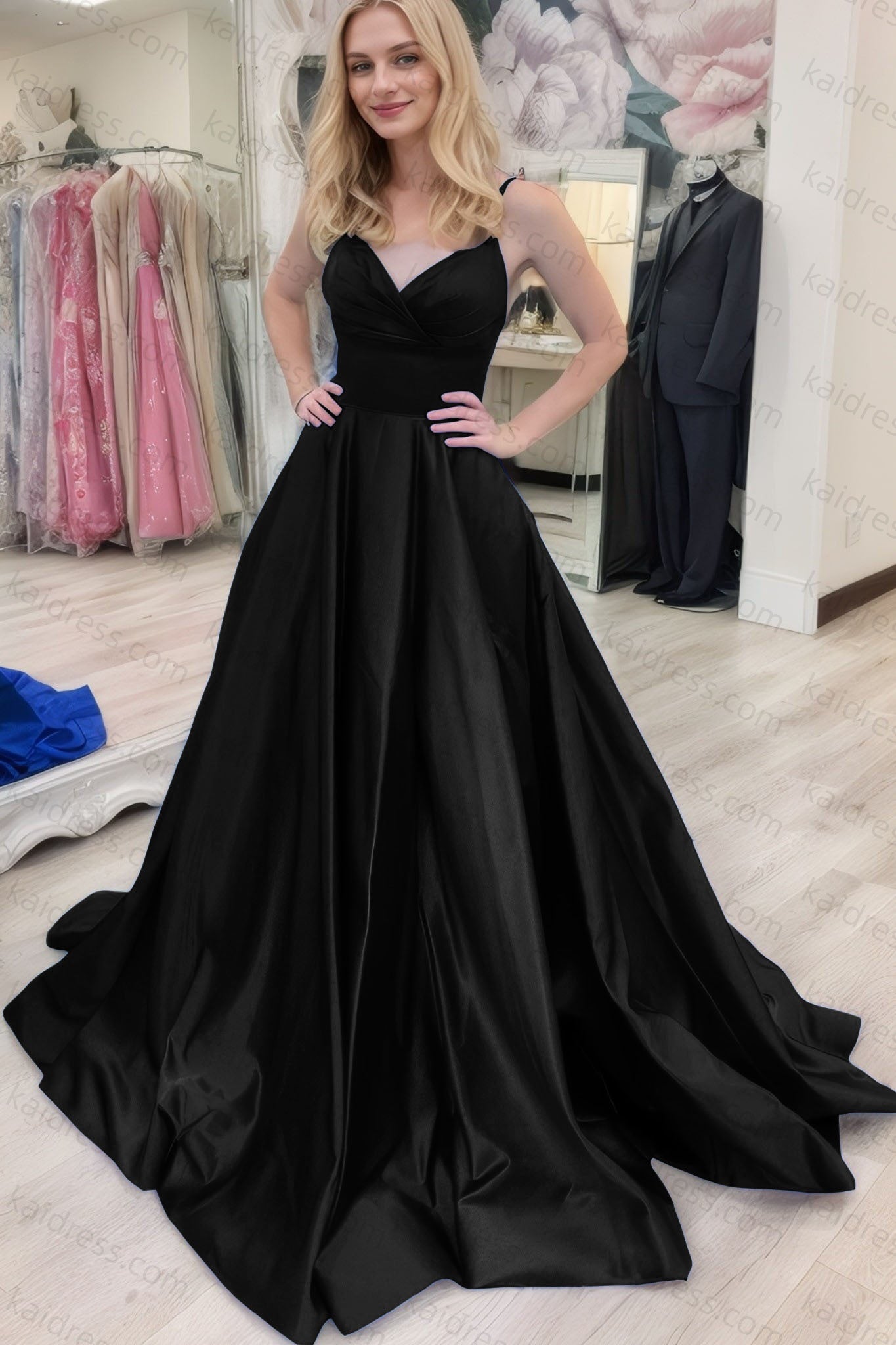 A-line V Neck Sleeveless Court Train Satin Prom Dresses With Bowknot Pleated Waistband