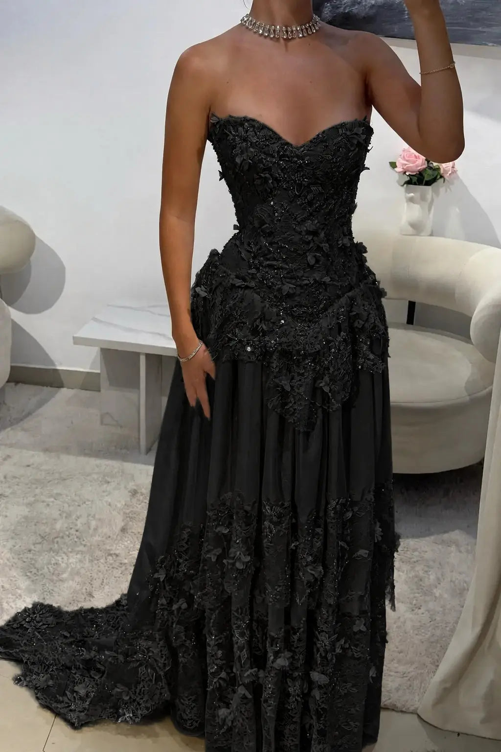 Dreamy Yellow 3D Floral Applique Sweetheart Corset Prom Dress