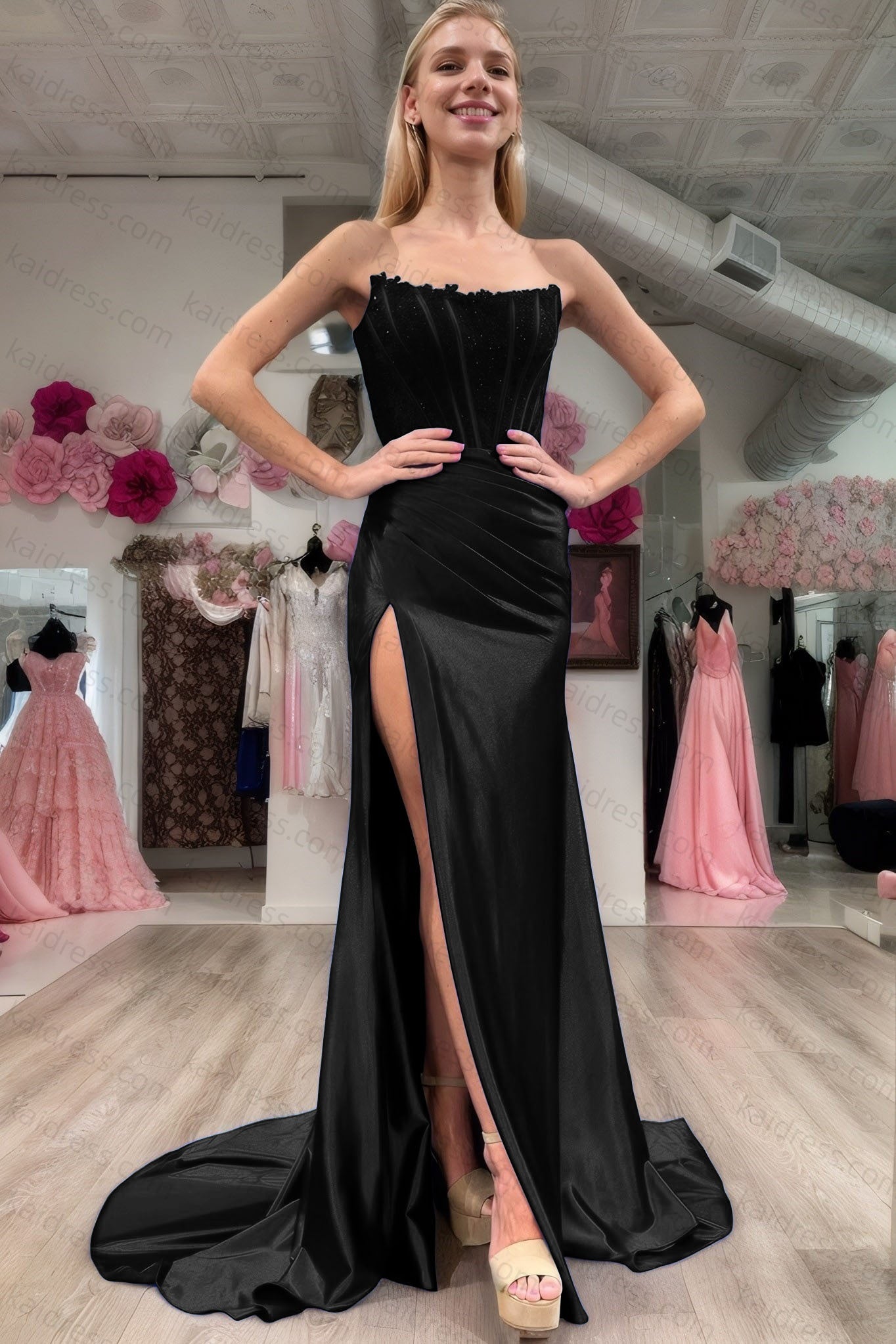 Sheath/Column Elastic Woven Satin Ruched Off-the-Shoulder Sleeveless Sweep/Brush Train Prom Dresses