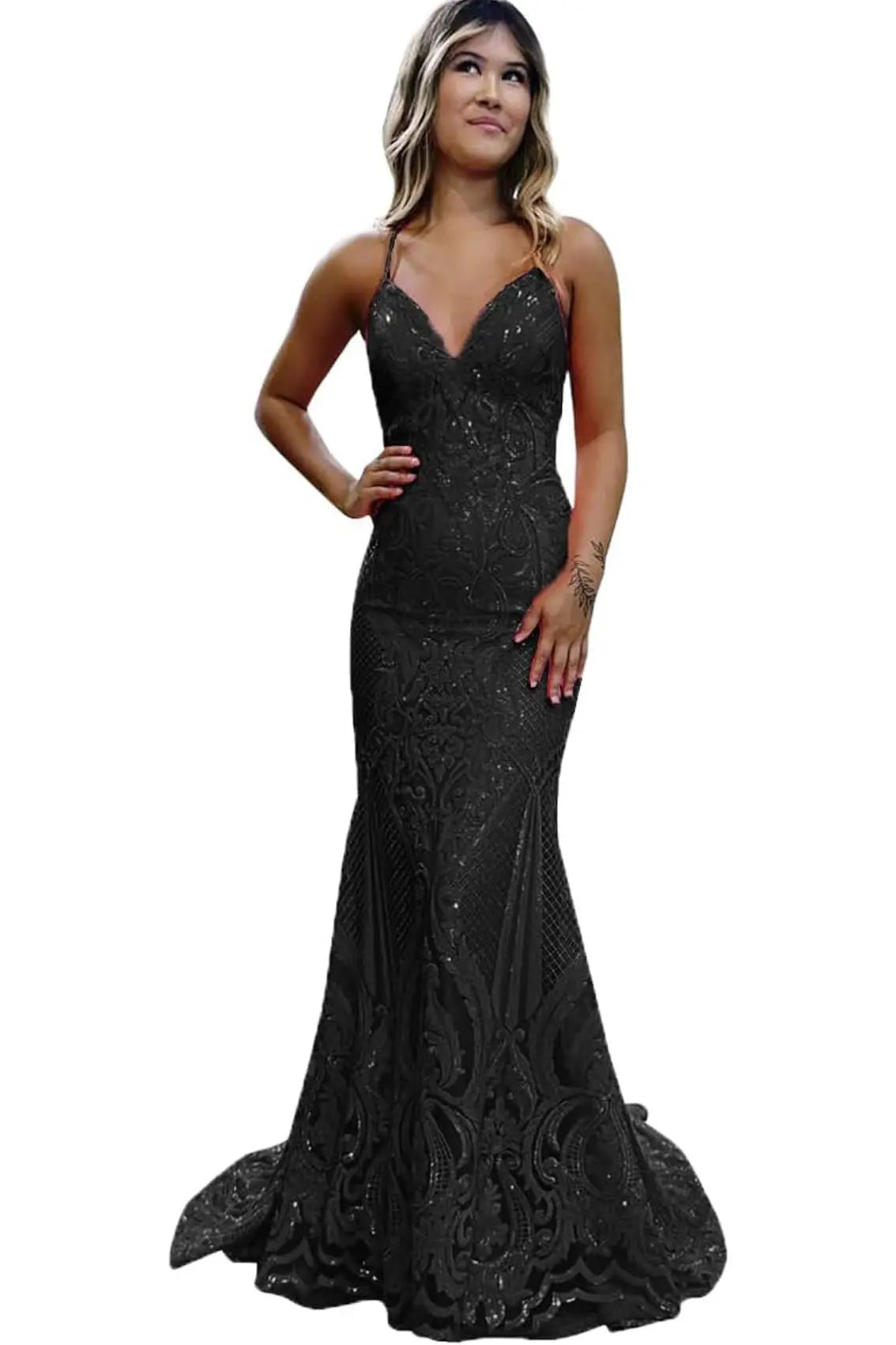 Trumpet/Mermaid V Neck Sleeveless Sweep Train Allover Sparkly Sequined Lace Prom Dress - KAIDRESS