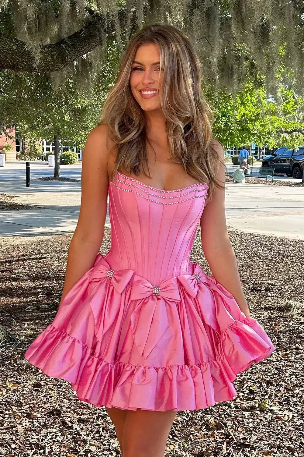 Black A Line Short Hoco Dress With Corset Bow Ruffle Skirt