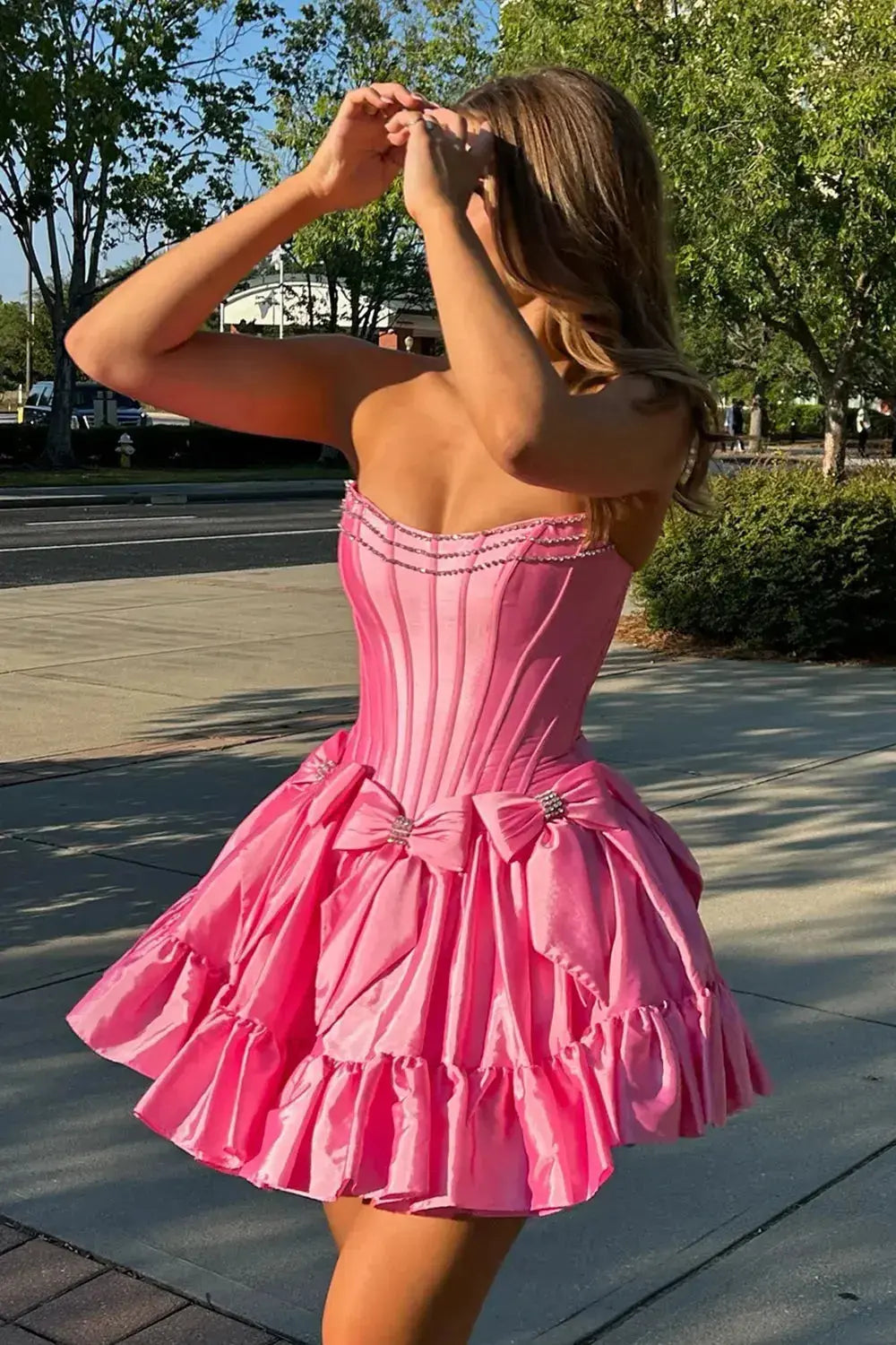 Black A Line Short Hoco Dress With Corset Bow Ruffle Skirt