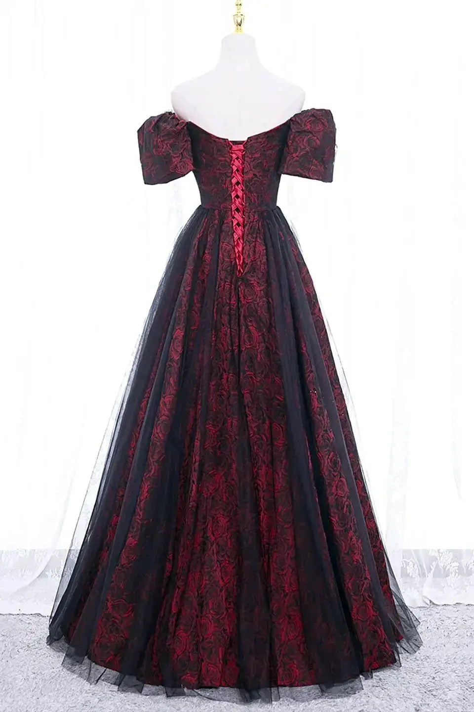 Black & Burgundy Rose Print Off-Shoulder Prom Dress with Short Sleeves