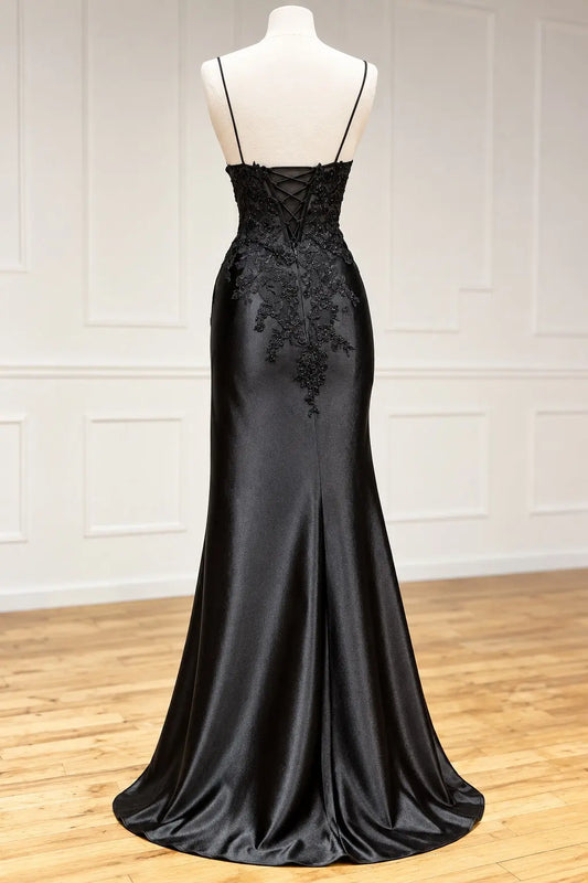 Black Lace Sheath Prom Dress with V-Neck, High Slit & Criss-Cross Back