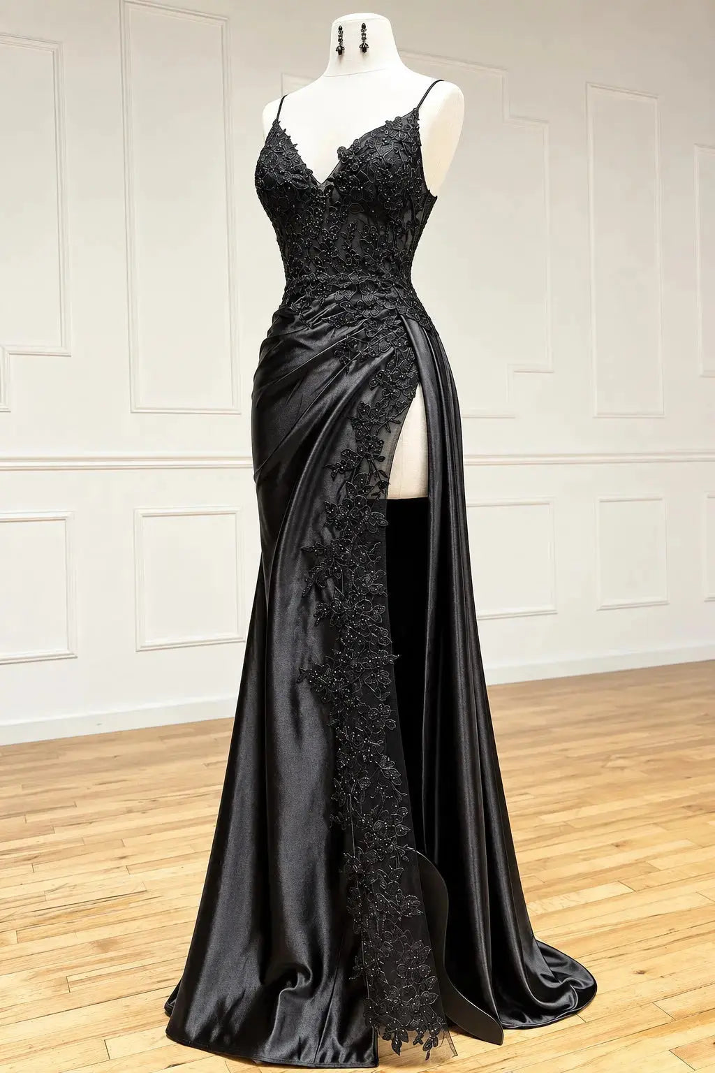 Black Lace Sheath Prom Dress with V-Neck, High Slit & Criss-Cross Back