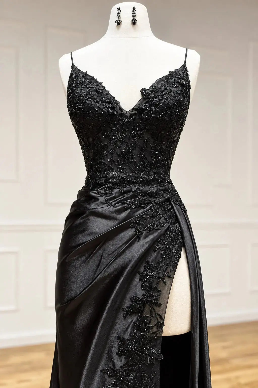 Black Lace Sheath Prom Dress with V-Neck, High Slit & Criss-Cross Back