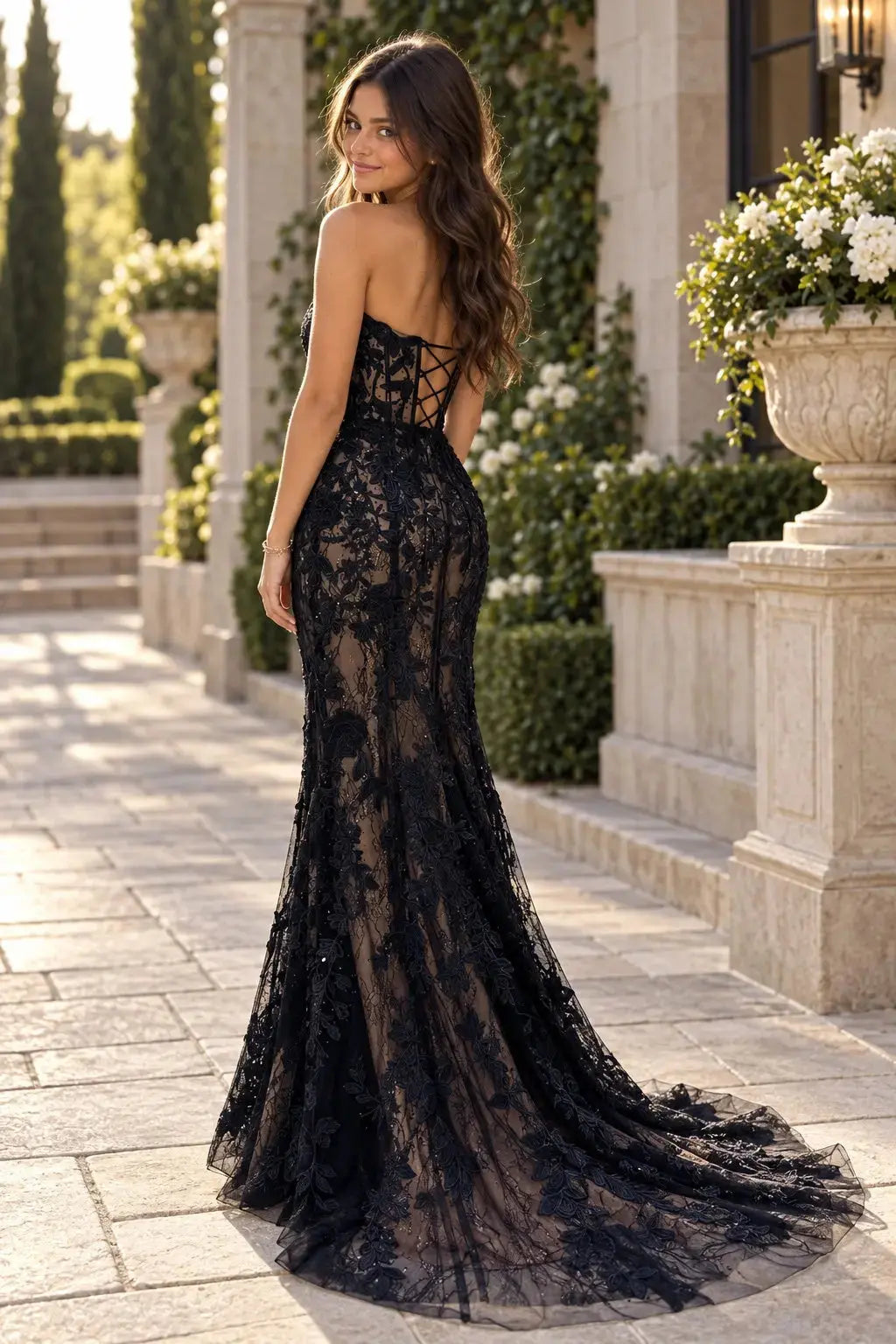 Black Lace Tulle Strapless Mermaid Prom Dress with Lace-Up Corset Back
