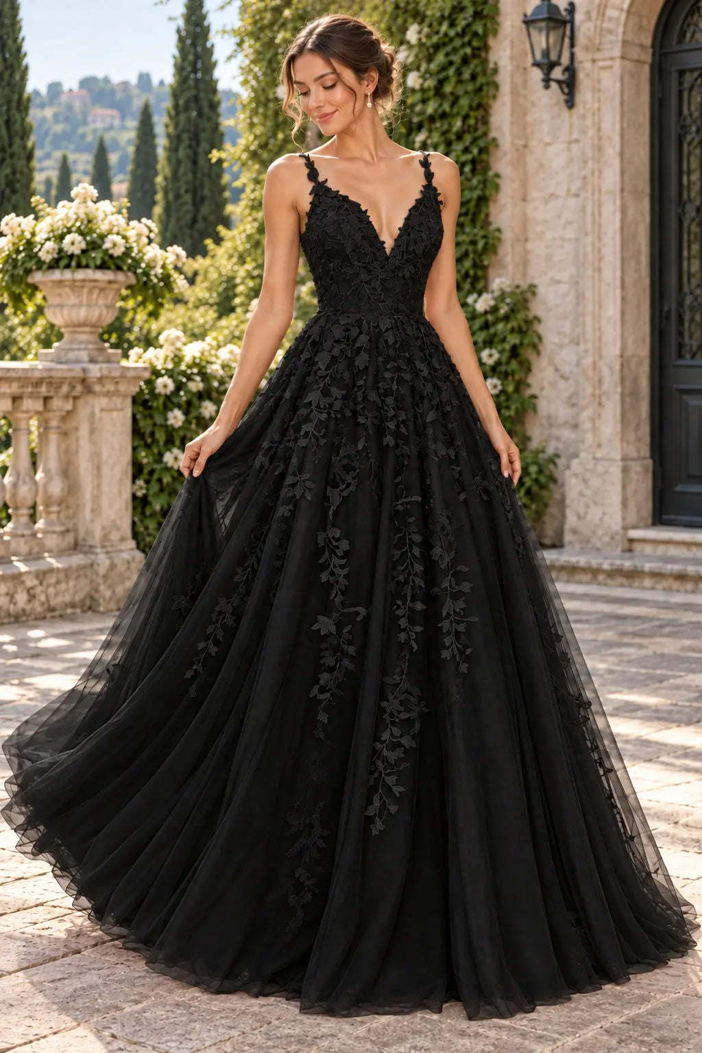 A-Line Lace Prom Dresses Long V Neck Sleeveless Formal Maxi Dress
