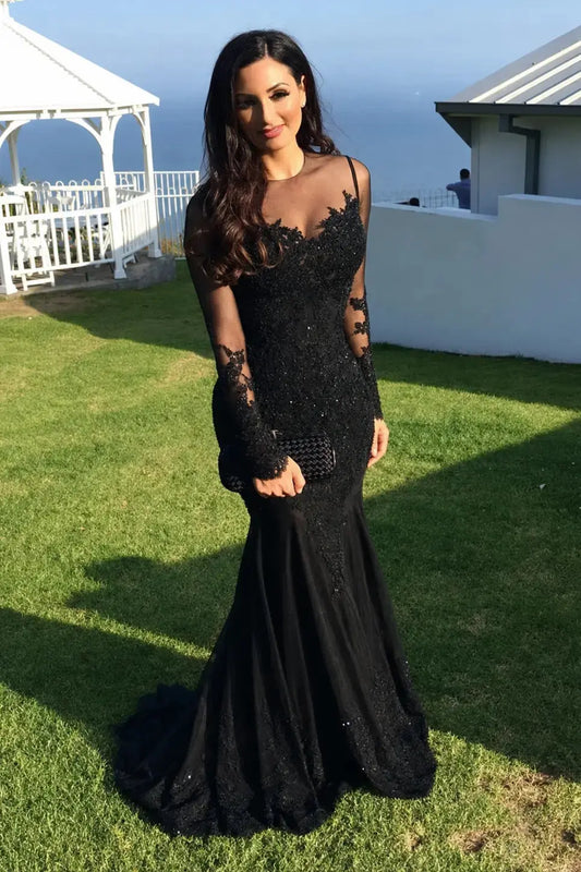Black Long Sleeve Mermaid Prom Dress Sheer Neck Applique Evening Gown