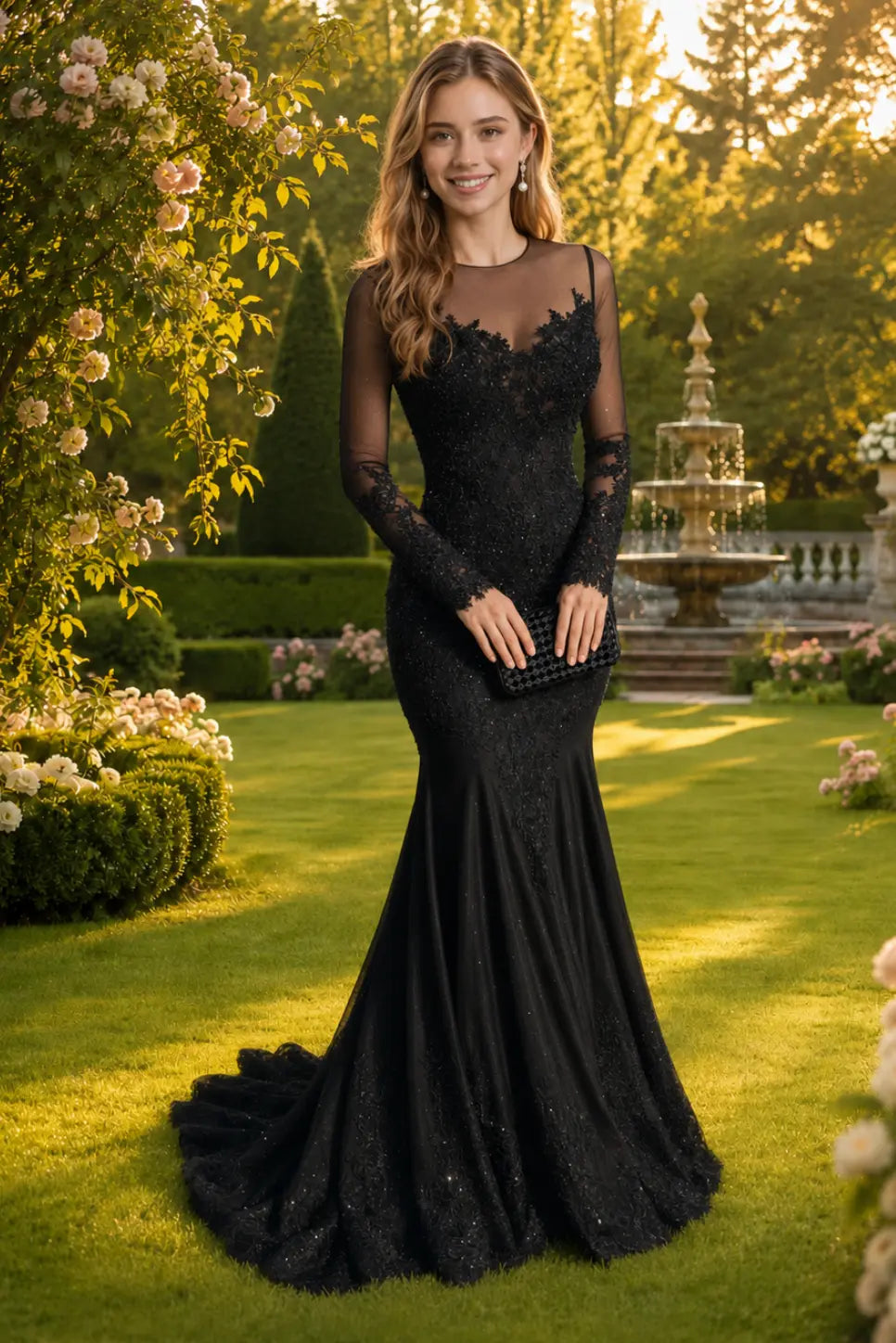 Black Long Sleeve Mermaid Prom Dress Sheer Neck Applique Evening Gown