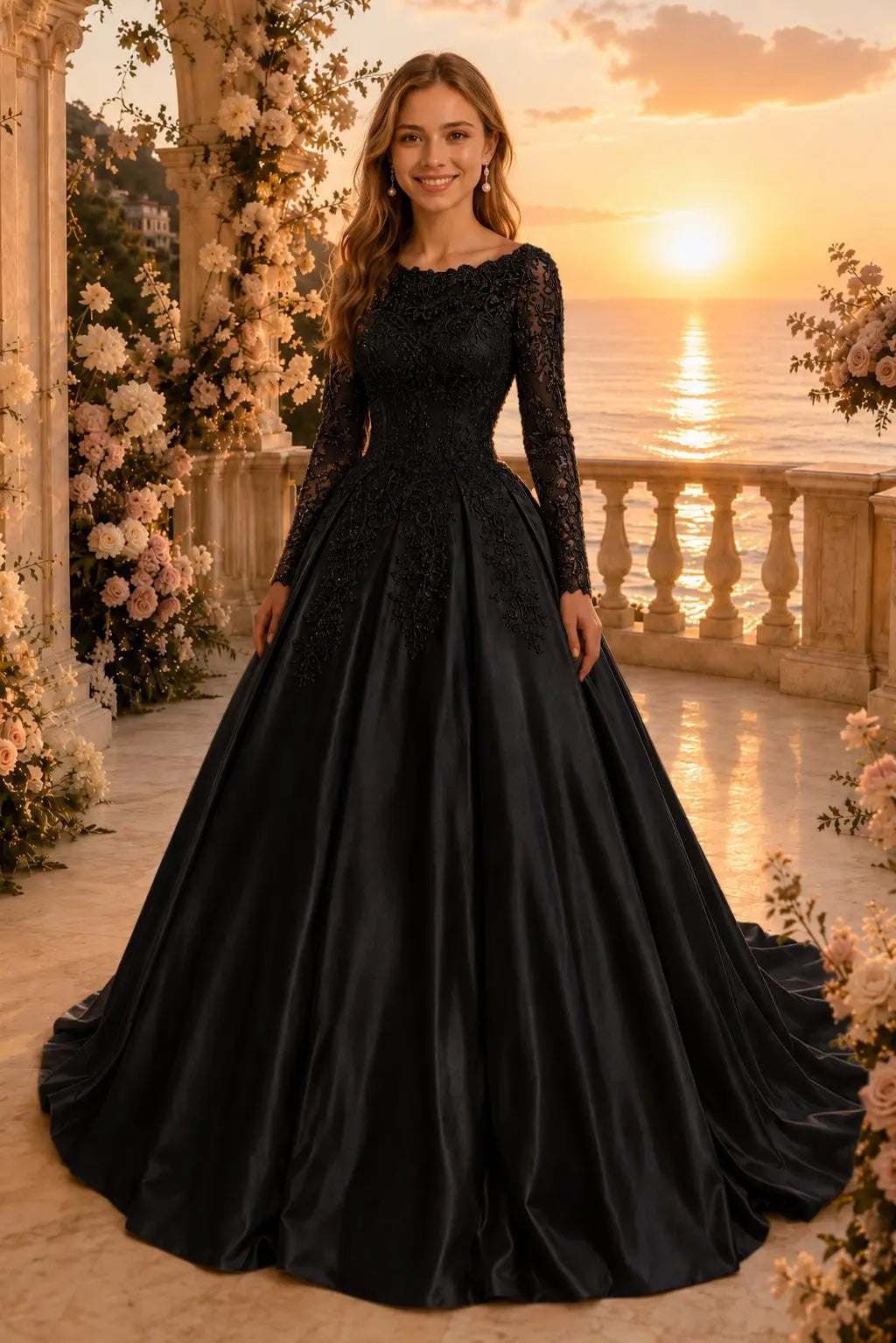 Ball Gown Long Sleeves Off-the-Shoulder Chapel Train Applique Satin Prom Dresses Kaidress