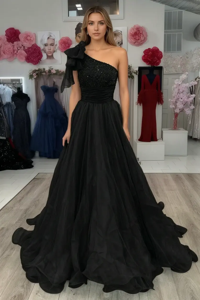 A Line Sparkly Sky Blue One Shoulder Long Prom Dress with Beading KAIDRESS