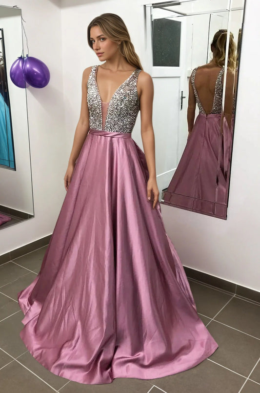 Black Satin A-Line Prom Dress with Sparkly Silver Bodice | Kaidress