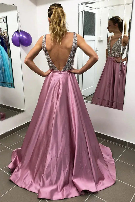 Black Satin A-Line Prom Dress with Sparkly Silver Bodice | Kaidress