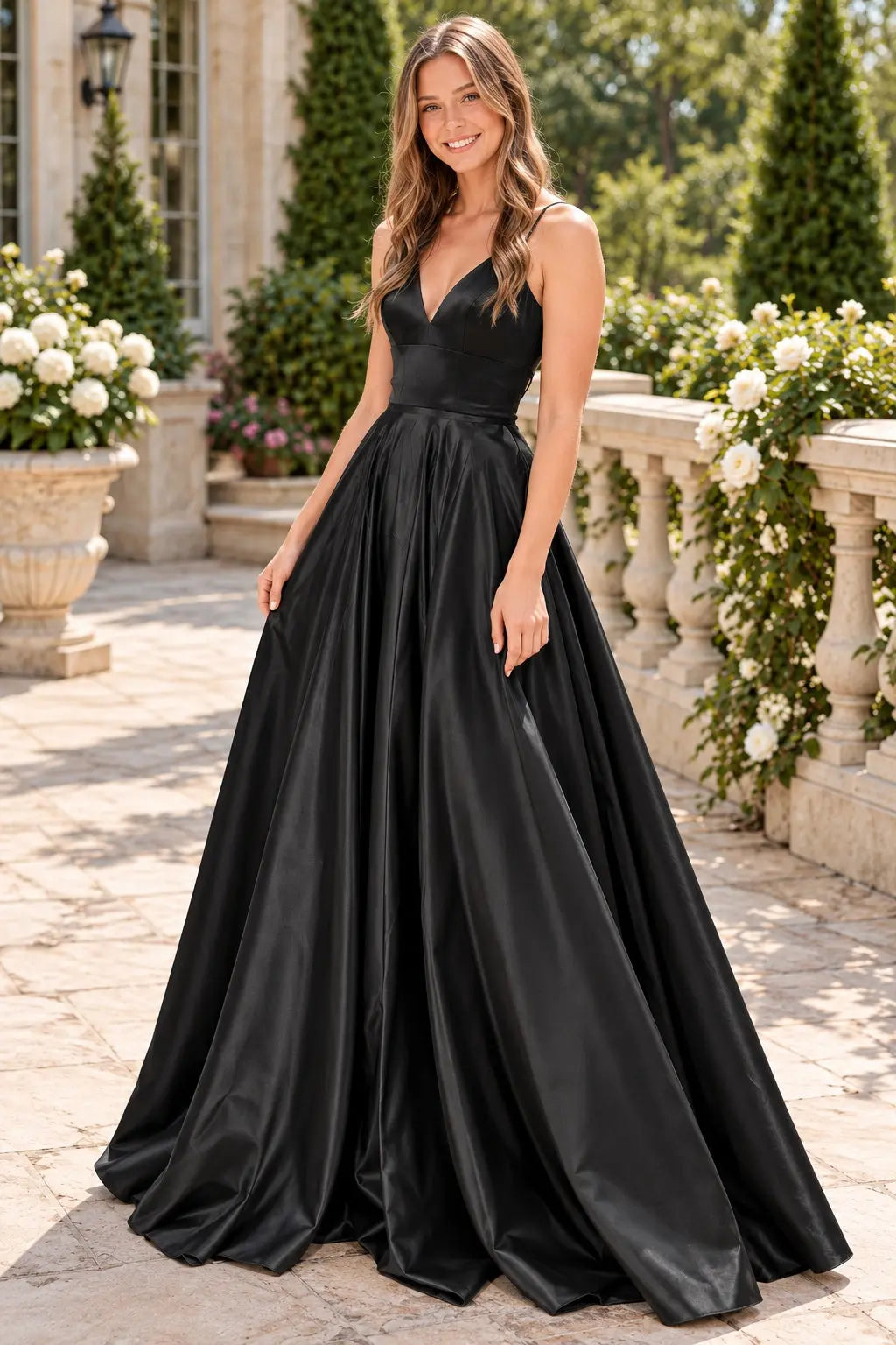 Black Satin A-Line Prom Dress with V-Neck, Side Pockets & Lace-Up Back