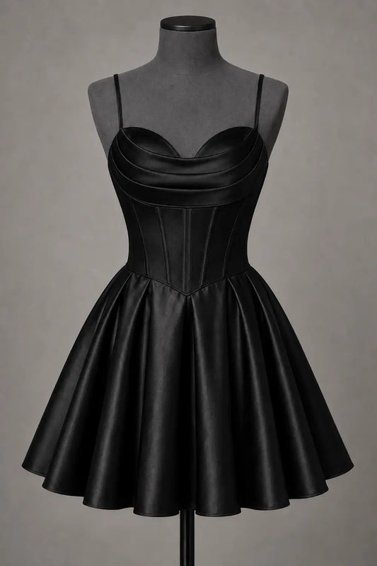 Black Satin Corset Mini Homecoming Dress A Line Hoco Party Dress